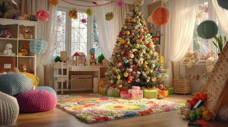 This charming holiday-themed room features a beautifully adorned Christmas tree surrounded by colorful gifts and cheerful decorations, creating a warm atmosphere.の素材
