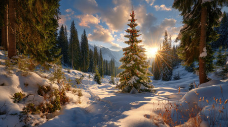 Experience the tranquility of a winter wonderland, showcasing snow-covered trees illuminated by warm sunlight amidst majestic mountains. A perfect serene escape.の素材