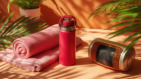 A vibrant pink water bottle stands prominently next to soft, rolled towels and a modern heater, all set against a warm background and lush green leaves, creating a serene atmosphere perfect for relaxation and wellness.の素材