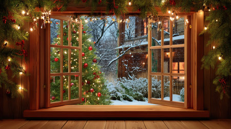A picturesque winter view from a cozy window, showcasing a beautifully decorated Christmas tree and a snowy landscape, capturing festive serenity.の素材