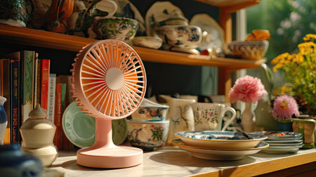 Charming tabletop fan creates a refreshing ambiance in a bright kitchen, complemented by vintage dishware and lively floral arrangements.の素材