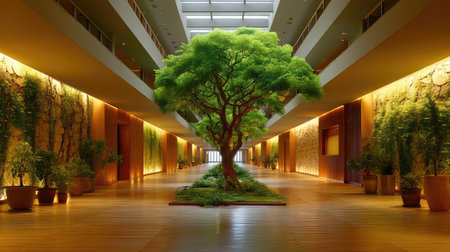 This image captures a tranquil indoor garden featuring a lush green tree centrally placed in a contemporary hallway, illuminated by soft ambient lighting.の素材