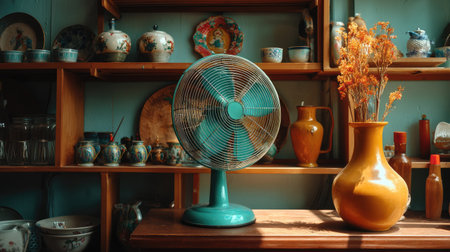 A charming vintage turquoise fan stands beside a vase of dried flowers on a wooden table, surrounded by an array of beautiful antique pottery.の素材
