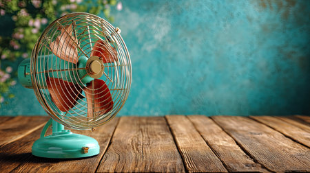 This captivating image features a vintage table fan showcasing elegant wooden blades, set against a soft turquoise background adorned with floral elements. Perfect for evoking nostalgia and warmth in home decor.の素材