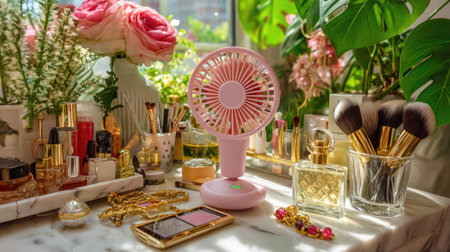 A charming vanity scene featuring a pink fan, an array of beauty products, and fresh flowers, all bathed in warm sunlight, creating a serene ambiance.の素材