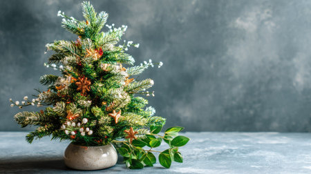 A stunning mini Christmas tree is adorned with festive ornaments in a ceramic pot, creating a cozy holiday atmosphere on a gray backdrop. Perfect for home decor.の素材