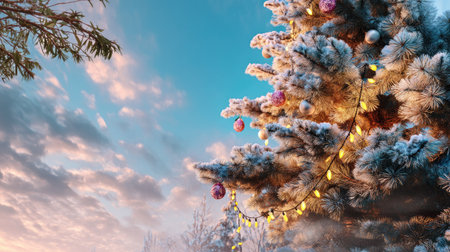A beautifully frosted Christmas tree adorned with colorful ornaments and warm fairy lights, set against a serene blue sky, evokes holiday cheer and tranquility.の素材