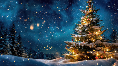 A stunning winter night scene featuring a beautifully decorated Christmas tree glowing with lights amidst gently falling snowflakes, creating a magical atmosphere.の素材