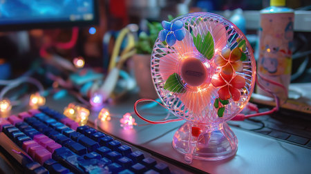 A vibrant and colorful desk fan featuring floral decorations, set in a lively workspace adorned with soft lights and a stylish keyboard, perfect for enhancing comfort.の素材