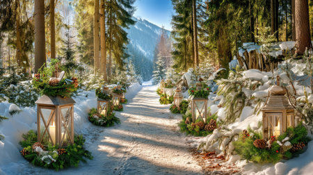 A picturesque winter pathway adorned with glowing lanterns and pine decorations, nestled in a tranquil snowy forest, captures seasonal beauty and serenity.の素材