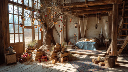 A cozy rustic bedroom featuring wooden decor and apple-themed elements, illuminated by warm natural light, ideal for organic, serene settings.の素材