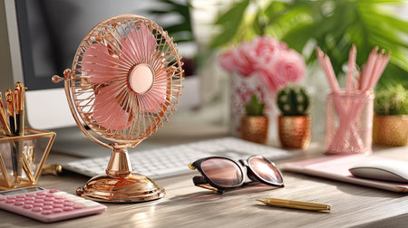 A beautifully arranged workspace with a pink fan, modern stationery, and vibrant plants, creating an inviting and motivational environment for productivity.の素材