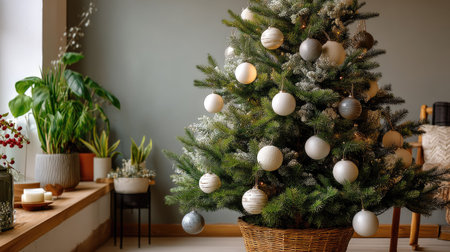 A charming Christmas tree adorned with elegant ornaments stands in a cozy living room, surrounded by modern greenery, evoking a warm festive spirit.の素材