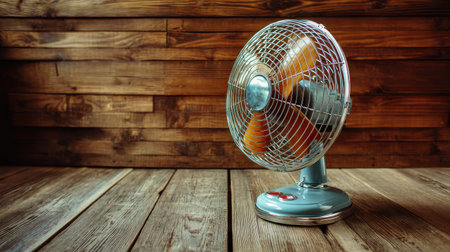 A charming vintage electric fan stands against a textured wooden wall, exuding warmth and nostalgia, ideal for decorative or design projects.の素材