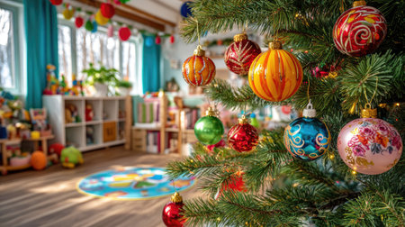 A beautifully decorated Christmas tree stands in a warm, inviting living room, adorned with colorful ornaments, creating a festive holiday atmosphere filled with joy.の素材