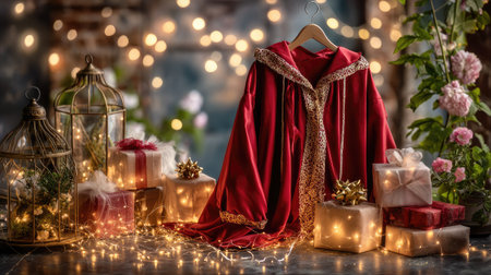 A stunning display featuring a red cloak surrounded by twinkling fairy lights and beautifully wrapped gifts, creating a warm and inviting atmosphere perfect for the holiday season.の素材