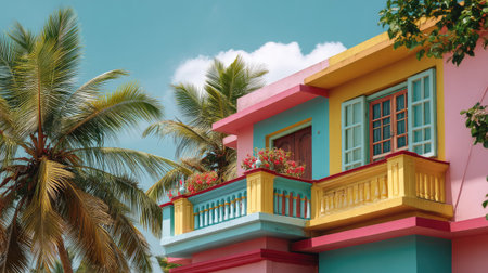 A charming tropical home featuring a colorful facade with a balcony adorned with flowers, surrounded by lush palm trees against a bright blue sky.の素材
