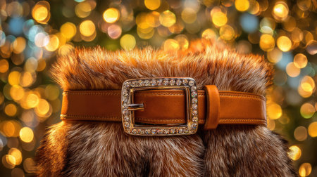 A close-up shot of a stylish fur belt featuring a sparkling buckle, set against a beautiful bokeh background of shimmering lights, showcasing elegance and sophistication.の素材
