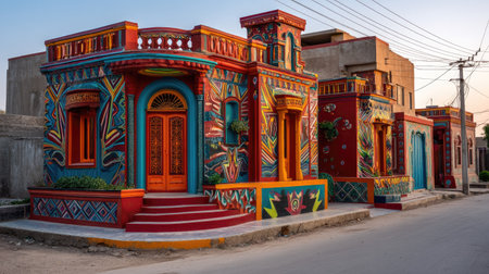 Brightly colored buildings lined along a street showcase intricate designs and artistic patterns, illuminating the charm of a vibrant neighborhood at sunset.の素材