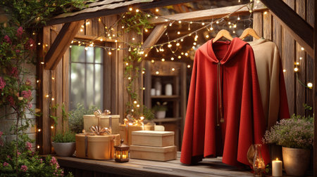 A charming outdoor market stall adorned with twinkling lights and warm capes invites visitors to explore a tranquil garden setting filled with gifts.の素材
