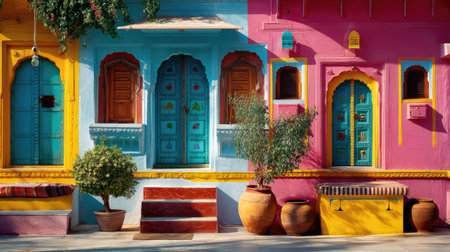A picturesque view of vibrant homes showcasing colorful facades with decorative doors and lush greenery. This lively street invites exploration and admiration.の素材