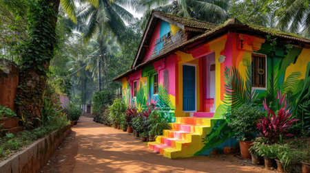 A vibrant and colorful house showcases artistic murals in a serene tropical setting. Surrounded by lush greenery, this charming residential space evokes creativity and tranquility.の素材