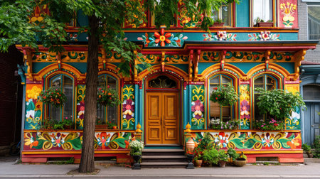 This image showcases a beautifully ornate building facade featuring vibrant floral patterns and lush greenery. Perfect for themes of art, architecture, and cultural heritage.の素材