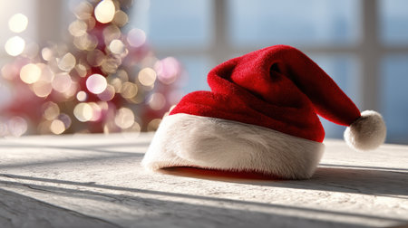 A vibrant red Santa hat with soft white trim rests on a surface, with a beautiful bokeh Christmas tree in the background, evoking holiday warmth.の素材