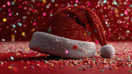 A stunning glittery red Christmas hat rests on a rich red background, surrounded by colorful confetti, creating a perfect festive atmosphere for celebrations.の素材