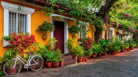 A picturesque view of a charming street adorned with colorful colonial houses and vibrant flowering plants, creating a serene and inviting atmosphere.の素材