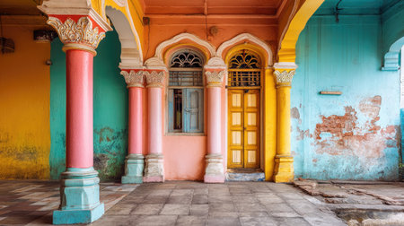This image showcases the vibrant and intricate architectural details of an ancient Indian heritage structure. The colorful columns and peeling paint reflect the rich cultural history and unique craftsmanship.の素材