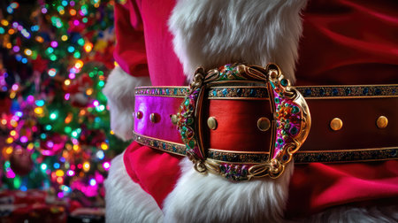 A close-up view of a vibrant Santa Claus belt adorned with colorful decorations, set against a sparkling Christmas tree background, embodying holiday cheer.の素材