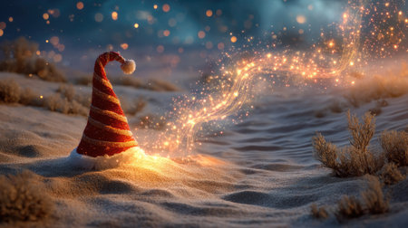A whimsical Christmas hat surrounded by soft snow, illuminated by magical sparkling dust, creates a serene winter ambiance perfect for holiday themes.の素材
