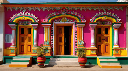 A stunning representation of traditional architecture featuring a vibrant facade decorated in pink and orange hues. The artistic design of the doors and pillars makes it an attractive sight.の素材