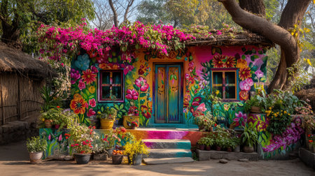 A charming cottage adorned with colorful paintings and surrounded by a lush garden, showcasing vibrant flowers and a tranquil outdoor atmosphere.の素材