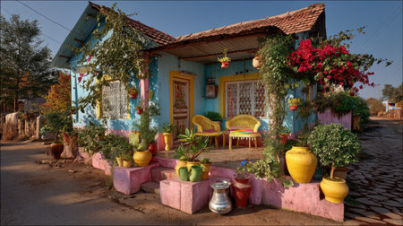 A picturesque and colorful house is adorned with vibrant bougainvillea and lush plants, creating a serene atmosphere perfect for relaxation.の素材