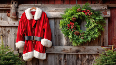 This charming image captures the spirit of Christmas with a vibrant red Santa coat and lush evergreen wreath against a rustic barn backdrop.の素材