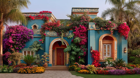 A charming house adorned with vibrant flowers and lush greenery, creating a picturesque scene that celebrates nature and beauty in home design.の素材