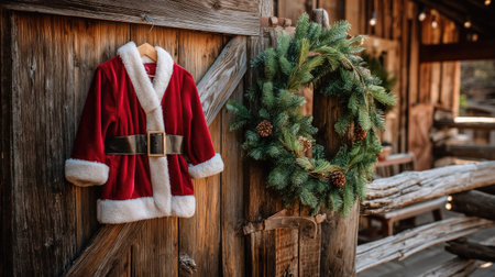 Capture the essence of the holiday spirit with this charming image featuring a Santa suit alongside a beautifully decorated wreath on a rustic wooden door.の素材