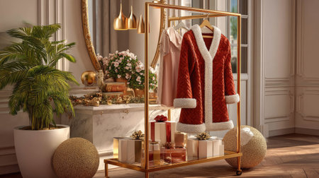 This charming Christmas scene features a red coat on a stylish rack surrounded by elegant gifts and warm decorations, creating a cozy holiday atmosphere.の素材