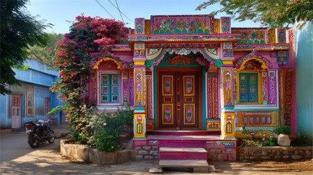 Explore the enchanting beauty of a traditional Indian house, adorned with colorful artwork and surrounded by lush flowers, showcasing unique architecture and charm.の素材