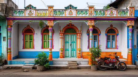 This image showcases a stunning traditional Indian house with vibrant colors and intricate designs. The charming facade features beautifully painted pillars and decorative windows, encapsulating local heritage.の素材