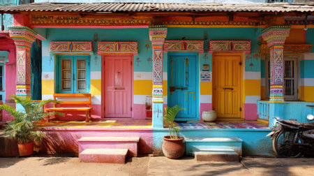 This image showcases the vibrant and colorful facade of a traditional Indian home, featuring intricate patterns and inviting doors, enveloped in warm sunlight.の素材