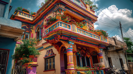 This vibrant building showcases intricate architectural features with colorful decorations and lush greenery, creating a picturesque scene against a bright sky.の素材