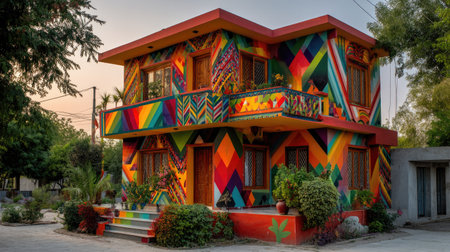 A stunning colorful house adorned with an artistic mural showcases vibrant patterns in a bright outdoor setting, surrounded by lush greenery and charming landscaping.の素材