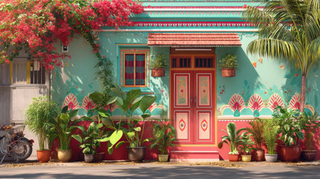Discover a stunning architectural facade adorned with vibrant flowers and lush plants. This colorful outdoor scene captures the essence of tropical beauty and inviting charm.の素材