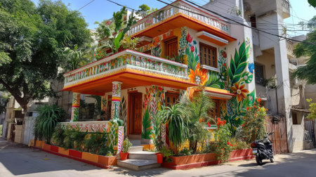 This image showcases a beautifully painted house featuring vibrant floral and foliage designs, set in an urban neighborhood on a sunny day.の素材