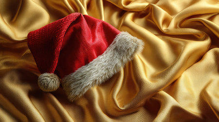 A vibrant red Santa hat rests on a smooth golden fabric, symbolizing the joy of the holiday season. The elegant textures create a festive atmosphere perfect for decorations.の素材