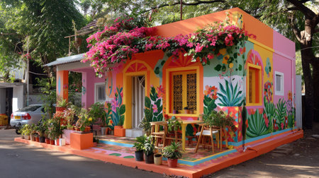 A stunning colorful house adorned with vibrant flowers and plants, showcasing a beautiful mural, surrounded by lush greenery in an urban setting.の素材