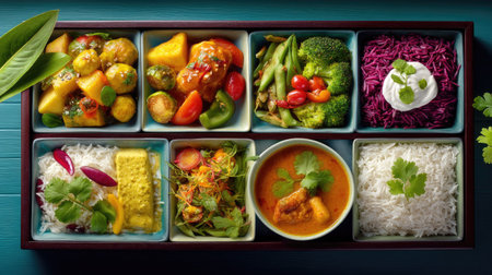 A vibrant assortment of gourmet vegetarian Indian dishes displayed in a traditional serving tray, showcasing rich colors and diverse ingredients for a delightful meal experience.の素材